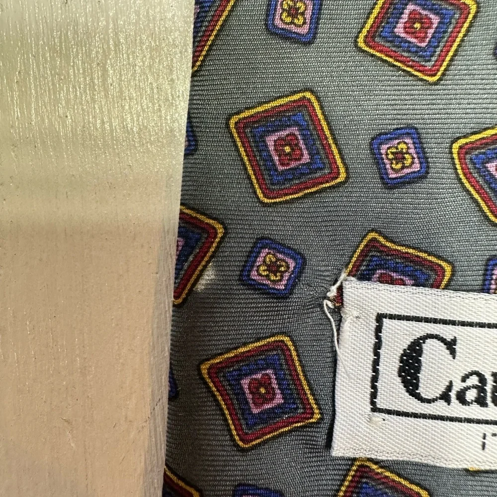 Vintage Caumont Italy Silk Tie Gray Geometric Squares Classic Wide 4” Necktie